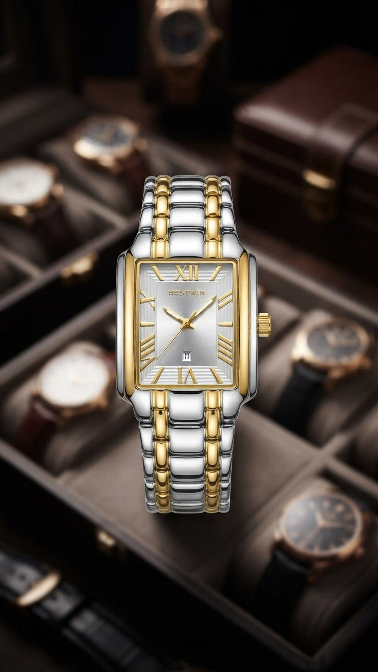 🌟 The Two-Tone Harmony: Bestwin Classic Rectangular Timepiece