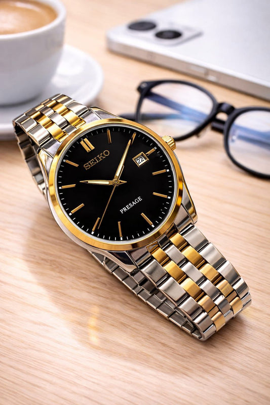 Seiko Presage Onyx Black & Gold Edition .