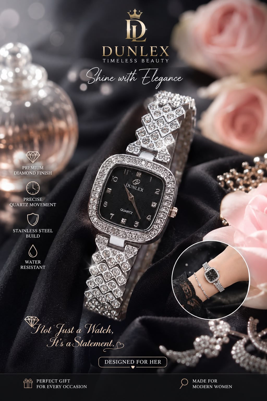 ✨ Name: Dunlex Silver Sparkle Diamond Watch
